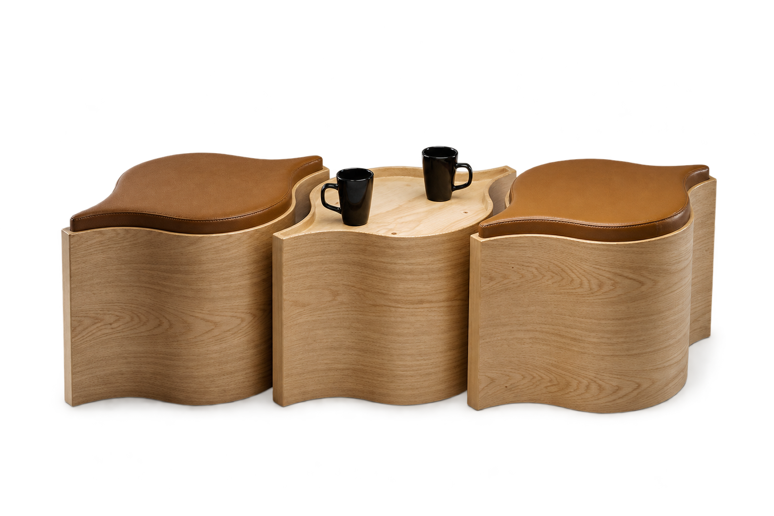 A Flosion coffee table centred between two matching stools