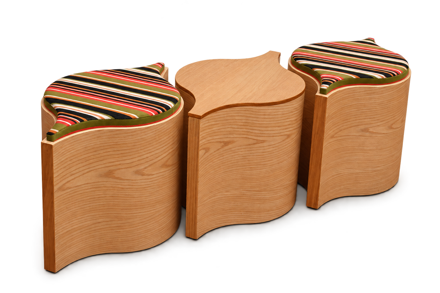 Two striped textile Flosion stools beside a matching timber table
